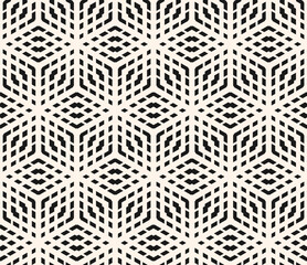 Vector monochrome geometric seamless pattern with hexagons, rhombuses, cubic grid, lattice, mesh, net. Black and white abstract background texture. Simple repeated design for print, decor, textile
