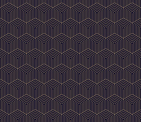 Golden vector seamless pattern with hexagons, lines. Black and gold abstract geometric background with outline hexagonal grid. Simple linear texture. Luxury repeated design for decor, print, wallpaper