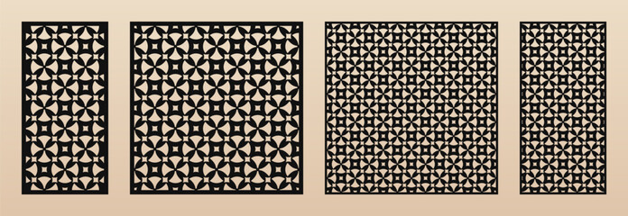 Laser cut panel design. Vector patterns with ornamental grid, abstract lattice, floral silhouettes. Template for CNC cutting, decorative panels of wood, metal, plastic, paper. Aspect ratio 1:2, 1:1