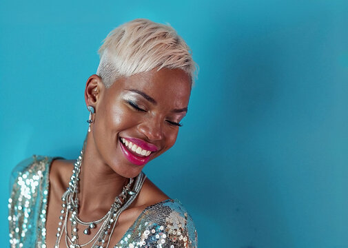 Joyful African American woman with stylish short hair. Generative AI image