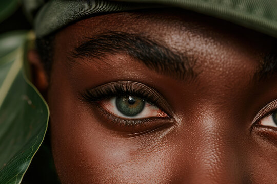 Close-up portrait of a young African woman's eye. Generative AI image