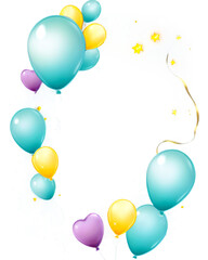 Colorful festive holiday balloons frame on a transparent background without background. Holiday card template banner design