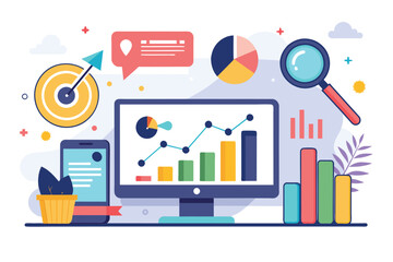 Computer Monitor With Magnifying Glass, SMM statistics digital marketing research market trend analysis, Simple and minimalist flat Vector Illustration