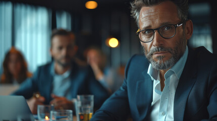 A businessman in eyeglasses presenting, with blurred colleagues in the background within a conference room.