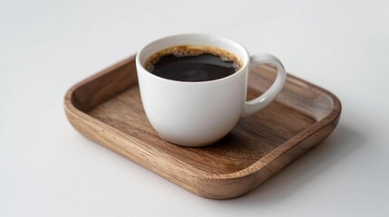 Americano coffee in cup served on wooden tray.