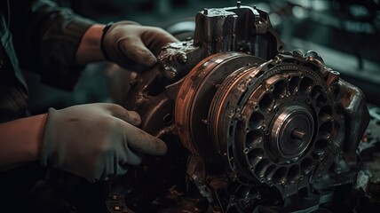 A man is working on a machine with a lot of gears - obrazy, fototapety, plakaty