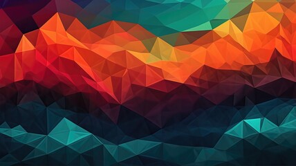 A colorful abstract painting with a mountain range in the background