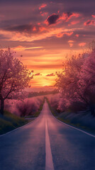 Early Morning Sunrise: An Empty Road Flanked by Blossoming Cherry Trees