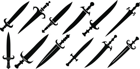 Black flat sword silhouettes set. Set of sword silhouettes. Vector illustration