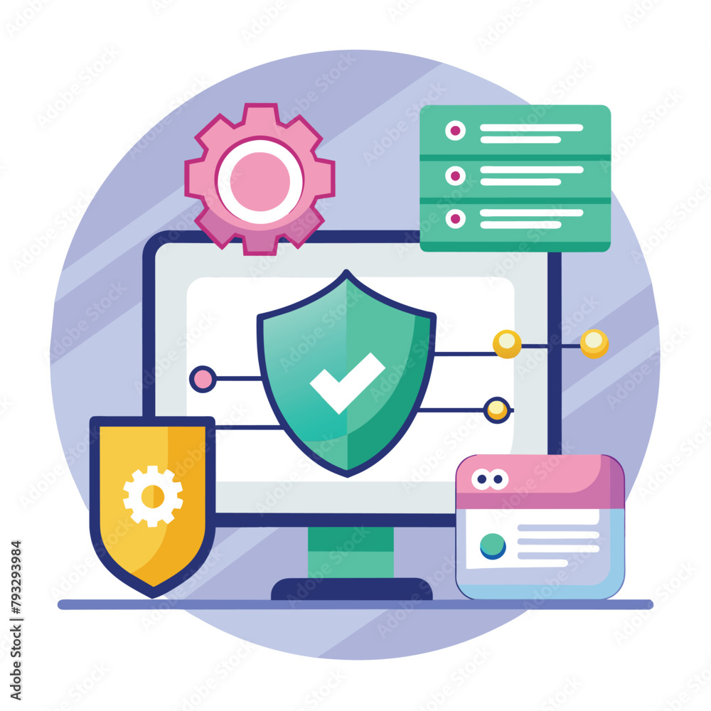 Poster a computer screen display featuring a shield symbol with an additional protective shield icon for en