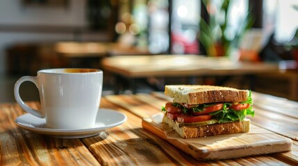 Breakfast in a cafe. Coffee mug and sandwich on the table. In the background free space for text