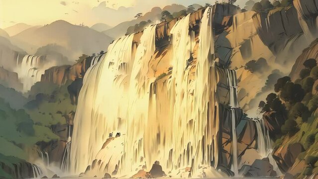Cartoon animation of waterfall cascading down rugged cliffs, Chinese ink painting style, 4K