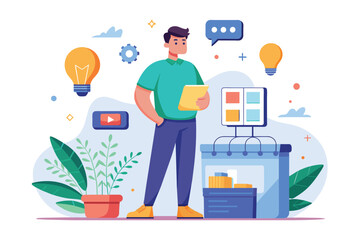 Fototapeta premium Man Analyzing Data on Computer Screen, Standing man innovating for her online store, online marketplace management, Simple and minimalist flat Vector Illustration