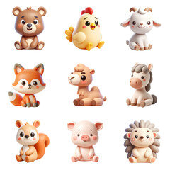Obraz premium a collection of 3d cute cartoon animals, with cheerful expressions.