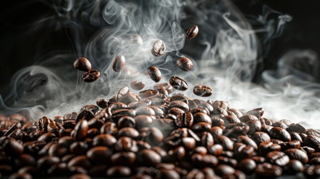 Coffee beans dropping in to pile of coffee beans roasting with smoke