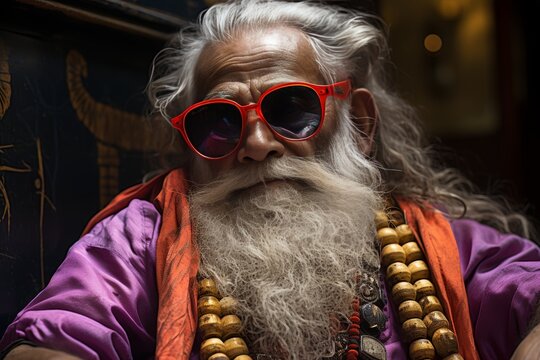 Elderly man with long white beard and red sunglasses sitting in front of camera. He wears purple shirt and beaded necklace, with out-of-focus background.