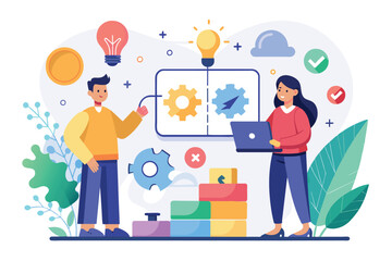 Fototapeta premium A man and a woman are closely examining data on a computer screen in a startup business setting, startup business analysis with puzzles, Simple and minimalist flat Vector Illustration