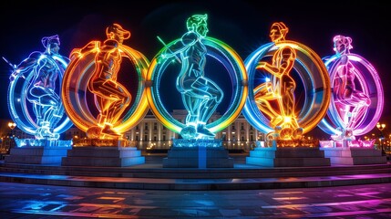 Neon sculptures of dancing figures in electric blue light - obrazy, fototapety, plakaty