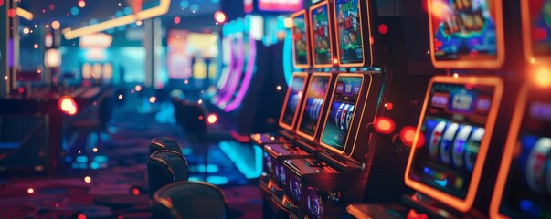 Vibrant casino slot machines row - obrazy, fototapety, plakaty