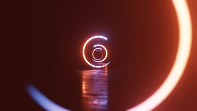 Flying through colorful moving circles above wet concrete floor. Abstract neon seamless loop animation.