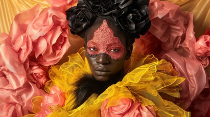 A woman adorned with a glittering mask and surrounded by large fabric flowers