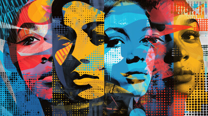 group of diverse people, artistic colorful pop art illustration