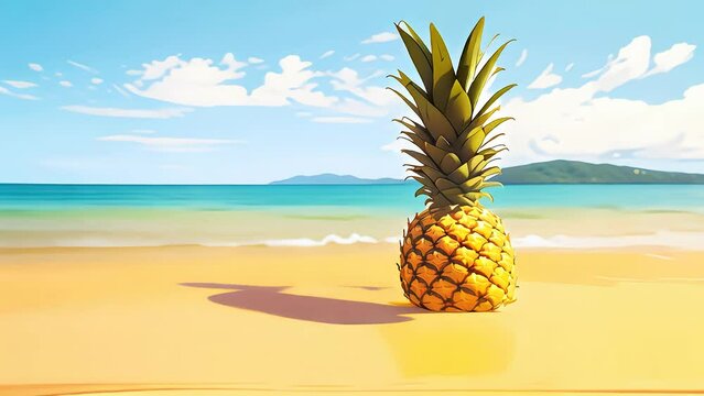 Animated cartoon of pineapple standing on sandy beach as tide comes in, 4K