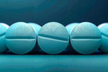 Up close row of blue pills on blue background, medicine testing and analysis of drugs.