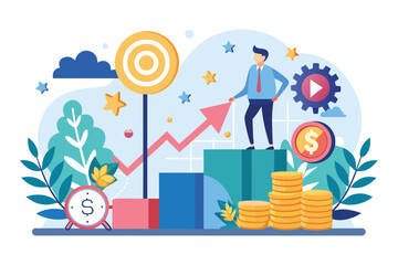A man stands on a tall heap of coins, showcasing financial success and wealth, Strategy to increase business income, Simple and minimalist flat Vector Illustration