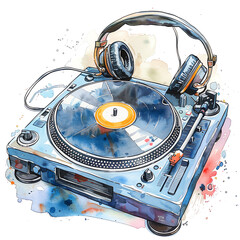 Minimalistic watercolor illustration of a DJ turntable with vinyl records on a white background, cute and comical.