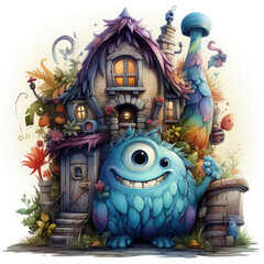 Obraz premium Watercolor monster house vector, clipart Illustration, Generative Ai