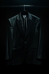 Sophisticated black suit jacket hangs alone on a hanger, illuminated by a single spotlight against a dark background