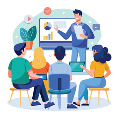 A man standing and presenting to a group of diverse students in a classroom setting, Students and students listen to online presentations, Simple and minimalist flat Vector Illustration