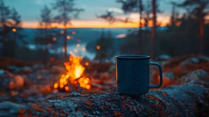 Cozy campfire evening with enamel cup