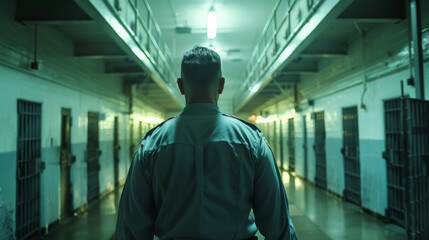 Back view of a correctional officer standing in a prison corridor, under artificial lighting.
