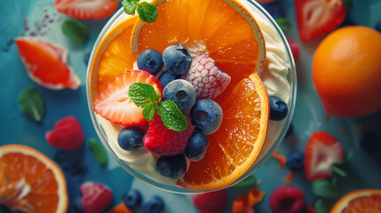 Colorful fruit salad with mixed berries, citrus, and mint garnish, captured from above, ideal for a nutritious snack