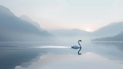Fototapeta na wymiar Swan floats calmly on a lake with misty mountains and dawn light. The peaceful presence of a swan on a serene lake with dawn breaking.
