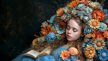 a sleeping young girl is surrounded by flowers