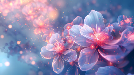 an abstract scene with glowing, pink and white flower-like shapes set against a soft blue and purple background - obrazy, fototapety, plakaty