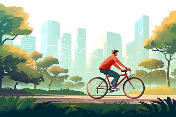 A man enjoys a peaceful bike ride in an autumn park with a serene city skyline in the background. Generative AI