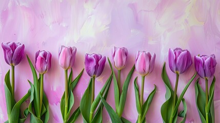 Delicate violet tulips set against a soft pastel backdrop perfect for a Women s Day greeting card Flat lay composition with space for personalized messages