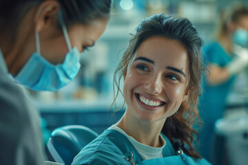 A smiling woman in a dental chair, dental hygienist working in the background.