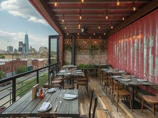 A restaurant with a view of the city. The tables are set up with plates, forks, knives, and spoons. The chairs are arranged around the tables