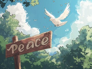 A white dove flies over a sign that says "Peace". The image has a peaceful and calming mood, with the white dove representing peace and the blue sky above it - Powered by Adobe