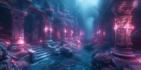 mystical underwater ruins - obrazy, fototapety, plakaty