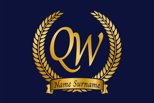 Initial letter Q and W, QW monogram logo design with laurel wreath. Luxury golden calligraphy font.
