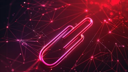 Paper clip attach paper tool office paperclip from futuristic polygonal red lines and glowing stars for banner, poster, greeting card. AI generated - obrazy, fototapety, plakaty