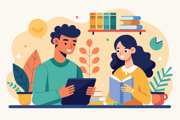 A man and a woman seated, engaged in reading a book together, Studying together is fun trending, Simple and minimalist flat Vector Illustration