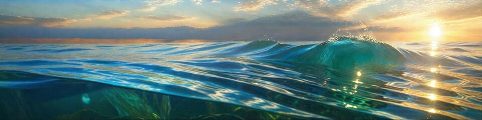 Abstract colorful illustration of splashing waves on river on midsummer sunset background, background for social media banner design, website, space for text	