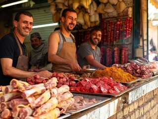 A group of men are standing behind a meat counter, smiling and laughing. The meat is displayed on a table, with various cuts of meat and a variety of spices. The atmosphere is lively and friendly